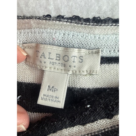 Talbots Petites Striped Sequin Boat Neck Top Black White 3/4 Sleeve MP CA23147 - Picture 3 of 8